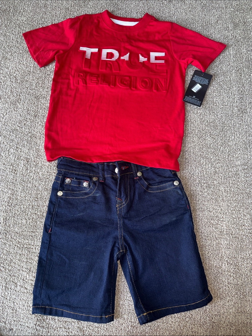 True Religion Red Logo Tee with Indigo Denim Shorts Set
